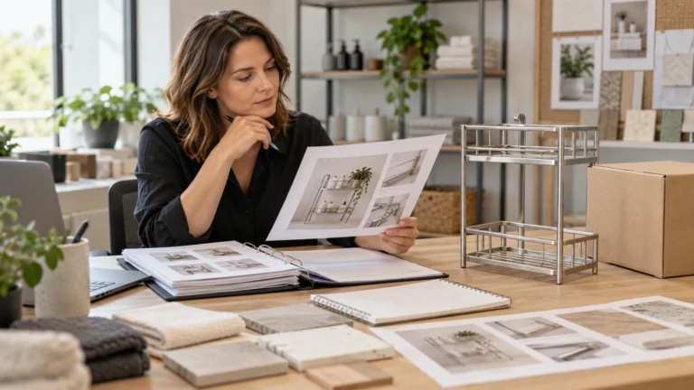 An importer reviewing origin-claim artwork and a metal home-storage sample against blank factory process records.