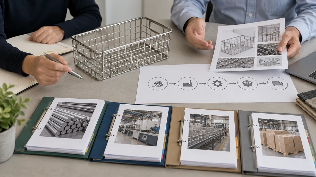 A metal home-storage sample beside a blank process-route diagram and supplier records for manufacturing locations.
