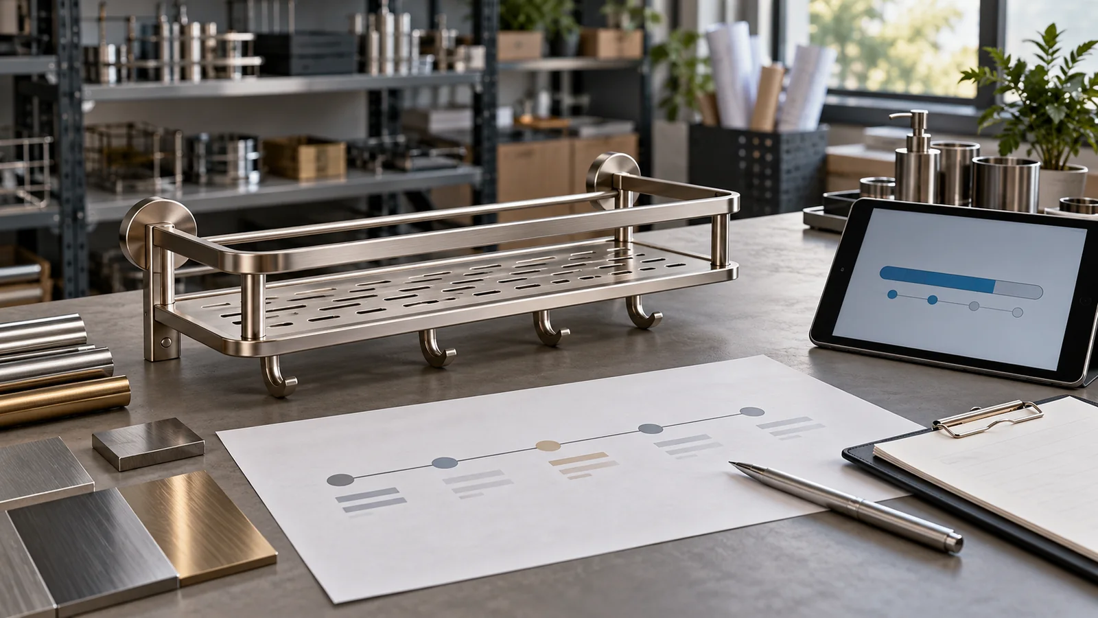Unbranded metal bathroom storage sample beside an illustrative production milestone timeline.