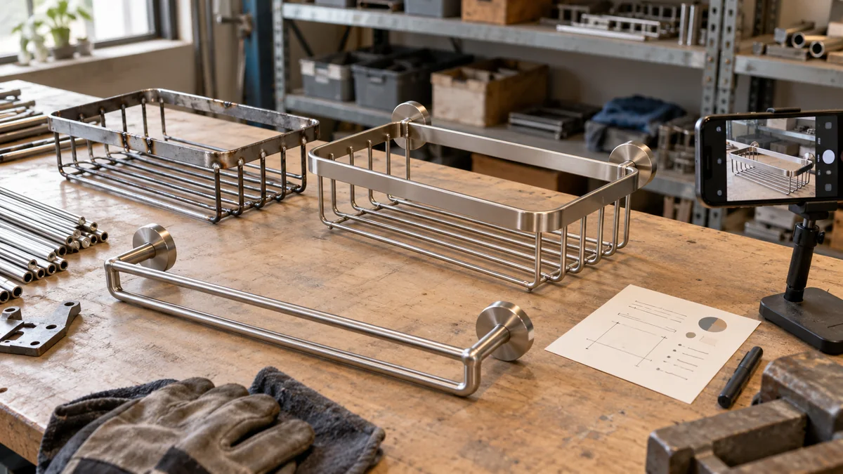 Illustrative metal hardware samples and a dated progress evidence card on a workbench.