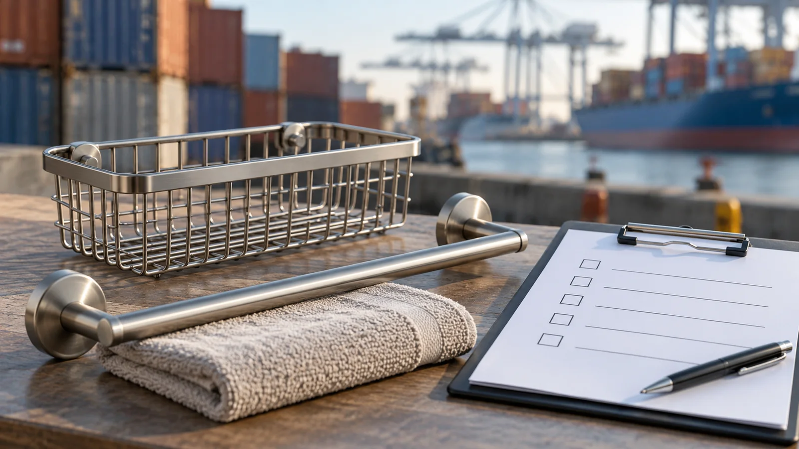 Unbranded metal hardware sample beside an illustrative import data handoff checklist.