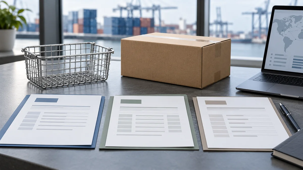 Illustrative importer, supplier, and broker documents arranged beside a metal wire basket and shipping carton.