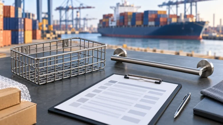 Unbranded metal hardware sample beside an illustrative EU shipment data handoff checklist.