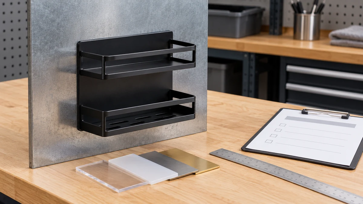Illustrative buyer sample review of a magnetic metal storage rack on a representative panel.