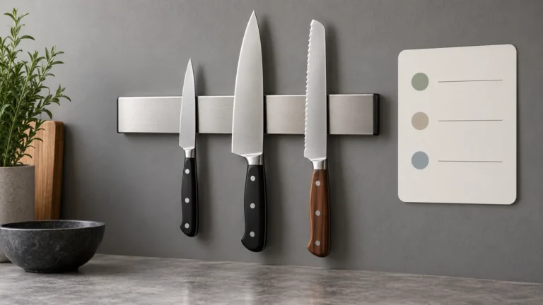 Unbranded wall-mounted magnetic knife strip beside a blank buyer specification card.