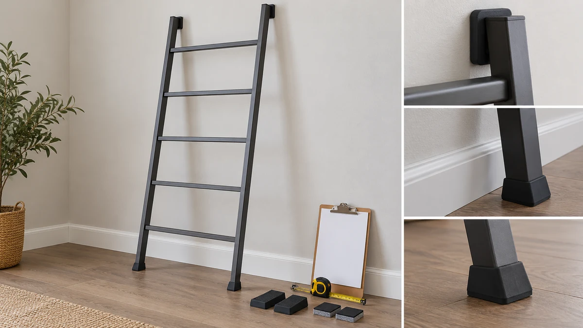 Illustrative fit review of a leaning ladder rack, baseboard clearance and contact points.