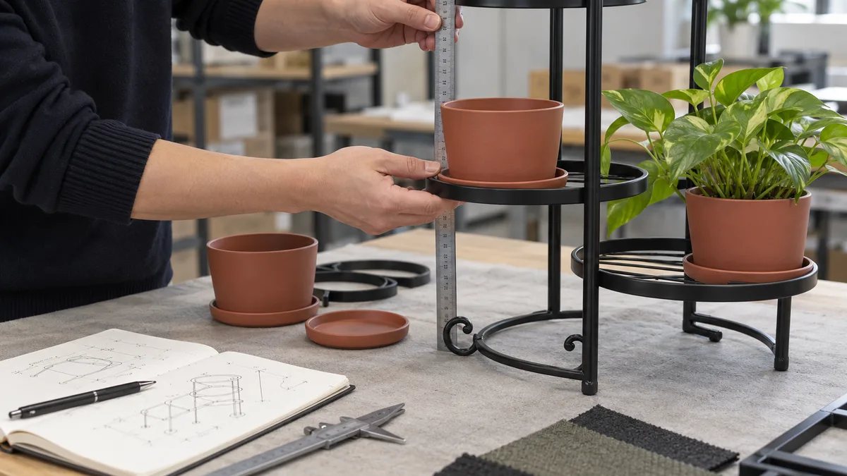 Buyer checking a pot and saucer against the support ring and tier clearance on a conceptual plant-stand sample.
