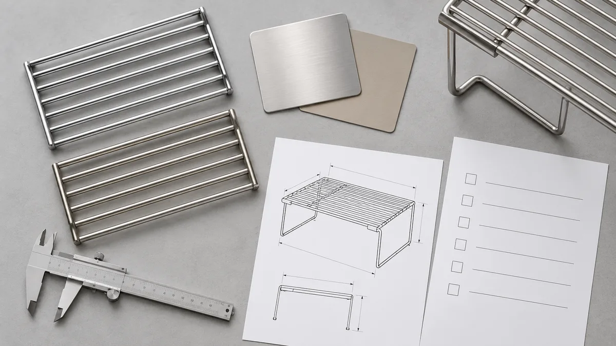 Buyer RFQ checklist for a wire-shelf drawing, substrate and finish references, measurement tools and sample approval.