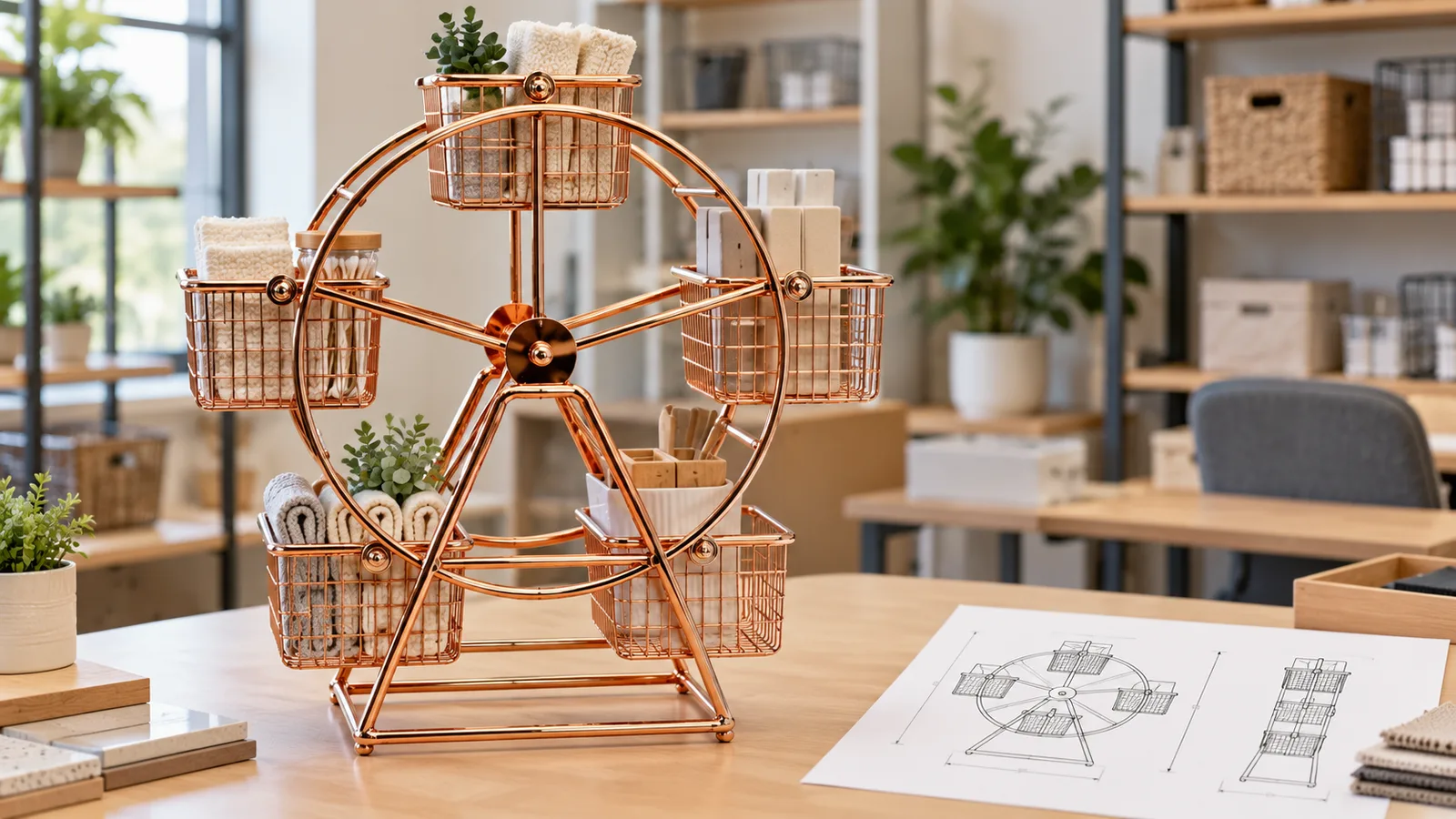 Conceptual metal retail display fixture with baskets and a buyer specification drawing.