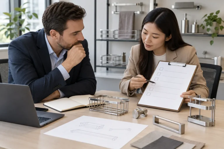 Buyer and supplier review a blank product-scope checklist beside unbranded metal hardware samples.