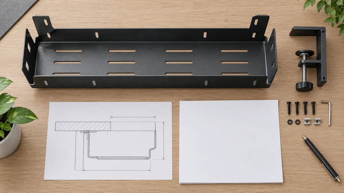 Buyer checklist with a cable-tray sample, desk-edge envelope, hardware list and blank approval record.