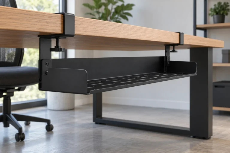 Conceptual under-desk metal cable tray beside a desk edge for an importer fit review.