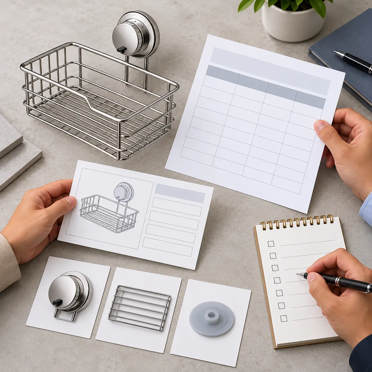 Importer checklist reviewing blank SKU, component and supplier evidence records beside a conceptual basket.