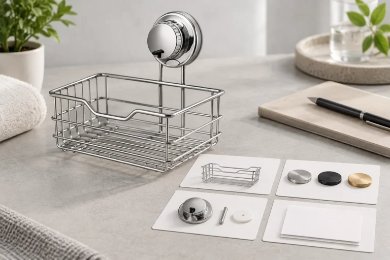 Conceptual bathroom storage basket beside blank supplier evidence cards for an importer review.