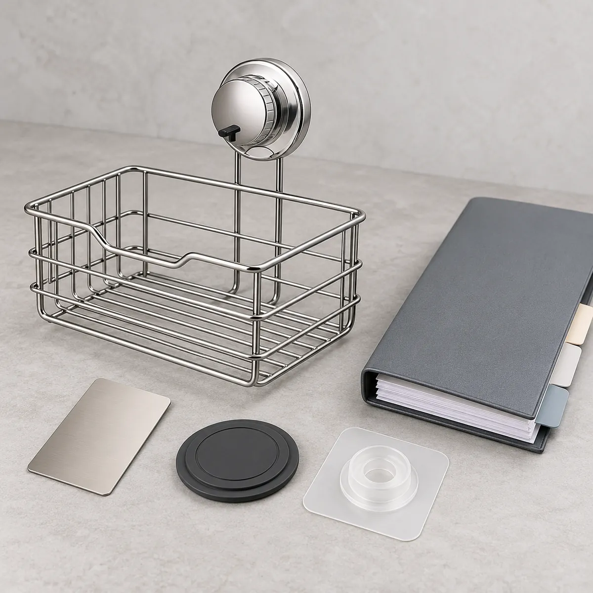 Conceptual wire bathroom basket with generic finish and component cards for SKU mapping.