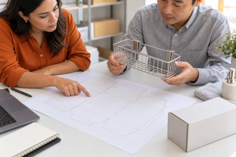Mexican importer reviewing a blank Spanish-label proof beside a conceptual wire bathroom storage basket.