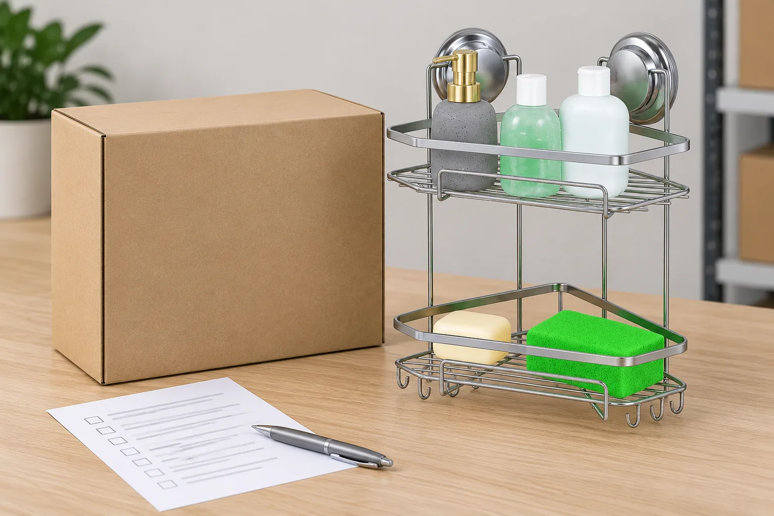 A Canadian importer’s blank label proof beside a conceptual wire bathroom storage basket.