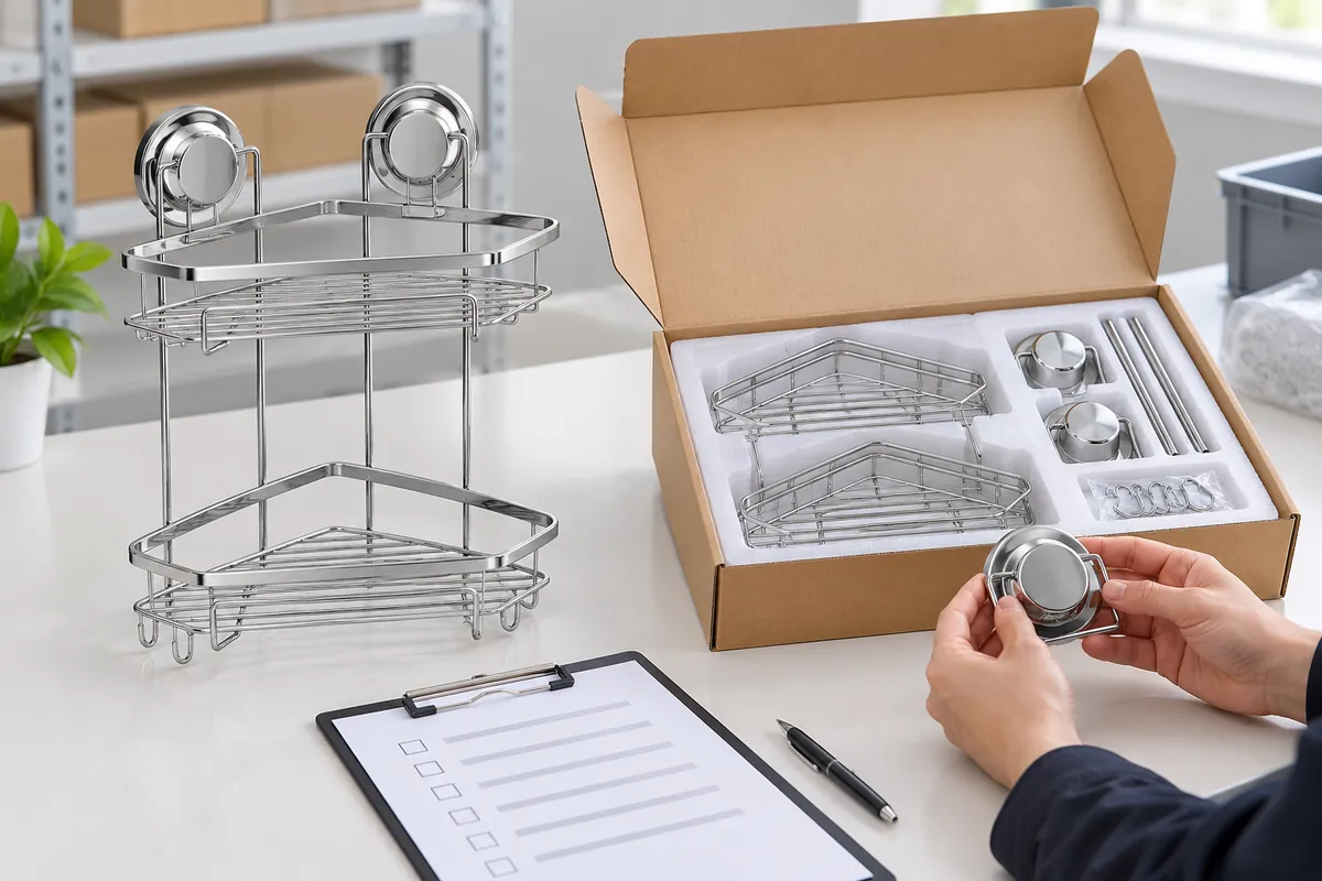 A first-pack checklist beside a wire basket sample and a blank carton with controlled artwork fields.