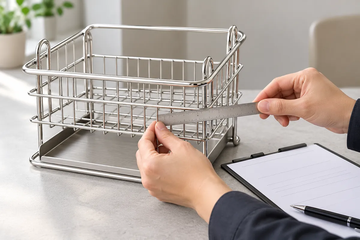 Importer inspecting a wire kitchen rack sample against a blank dimension sheet during supplier qualification.