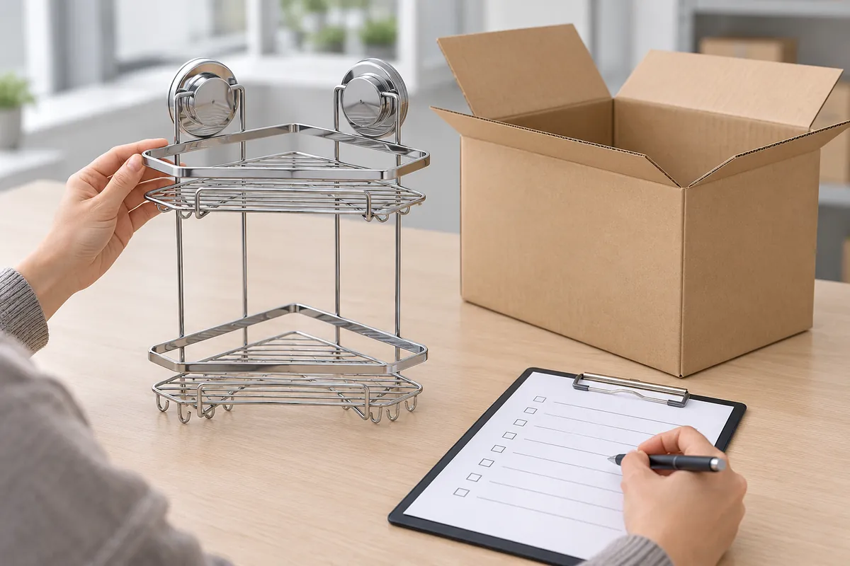 Importer checking a wire basket first pack beside a blank label and SKU checklist.