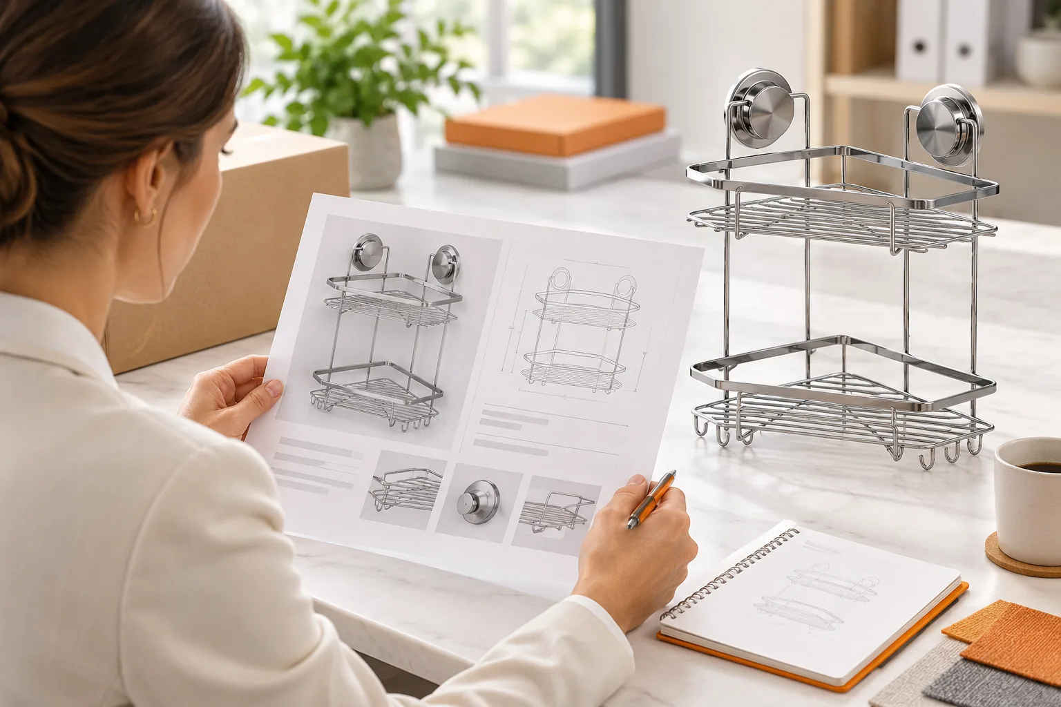 EU hardware importer reviewing a blank product label proof beside a conceptual wire bathroom storage basket.