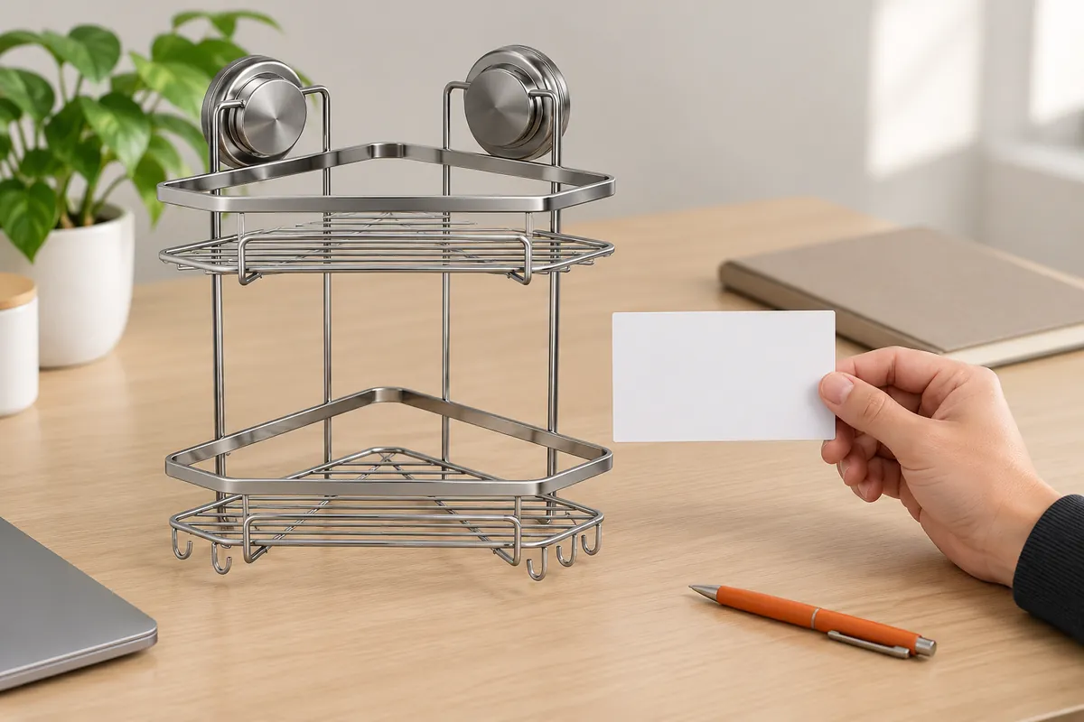 Buyer comparing a blank label card with a wire basket during importer product identification review.