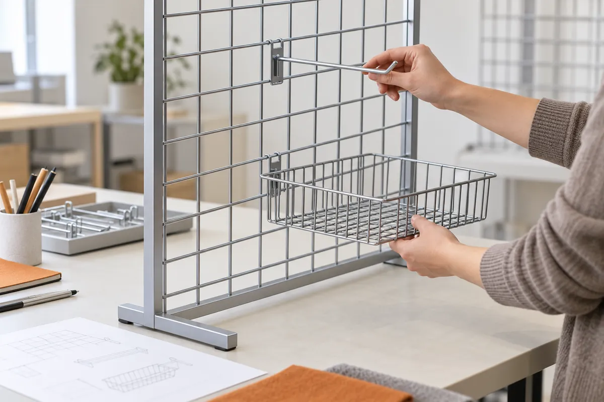 Buyer checking a generic wire grid panel accessory sample on a clean worktable.