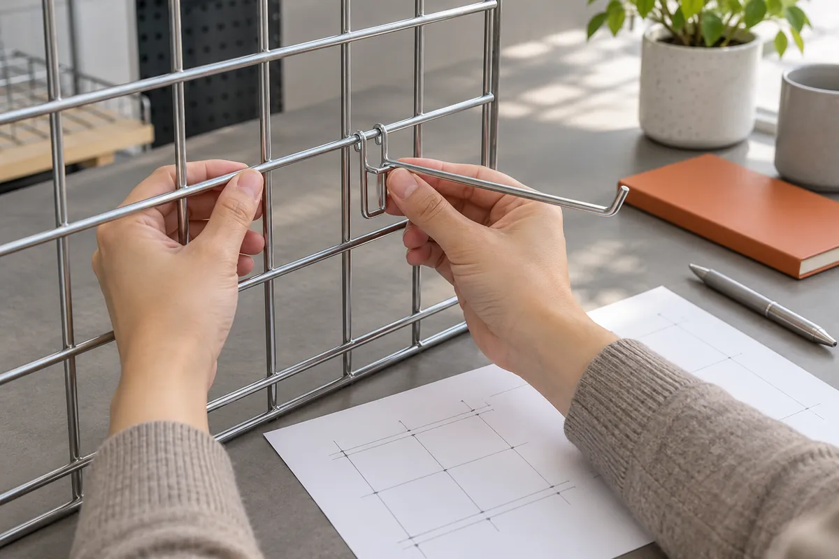 Buyer comparing panel wire spacing with a generic hook attachment beside a blank drawing.