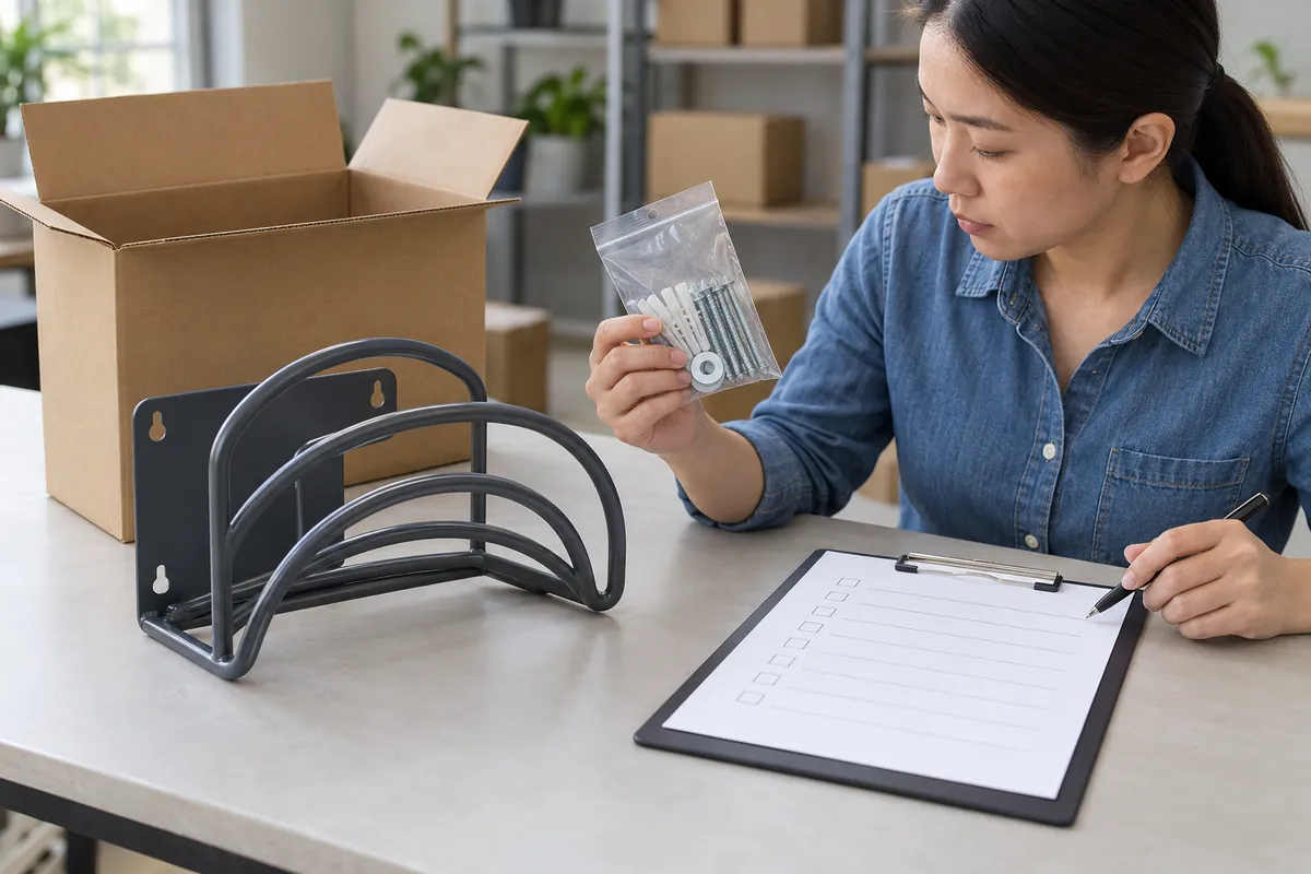 A buyer checks the model, fastener kit and blank pack insert for a generic metal hose holder.