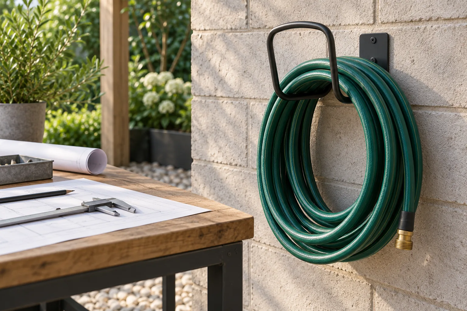 Unbranded metal garden hose holder and coiled hose beside a blank drawing and caliper.