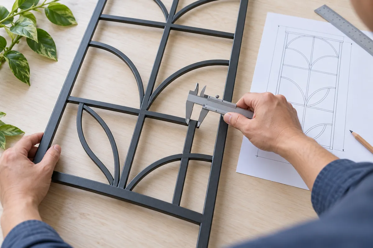 Importer comparing the clear opening and panel envelope on a generic metal trellis sample.