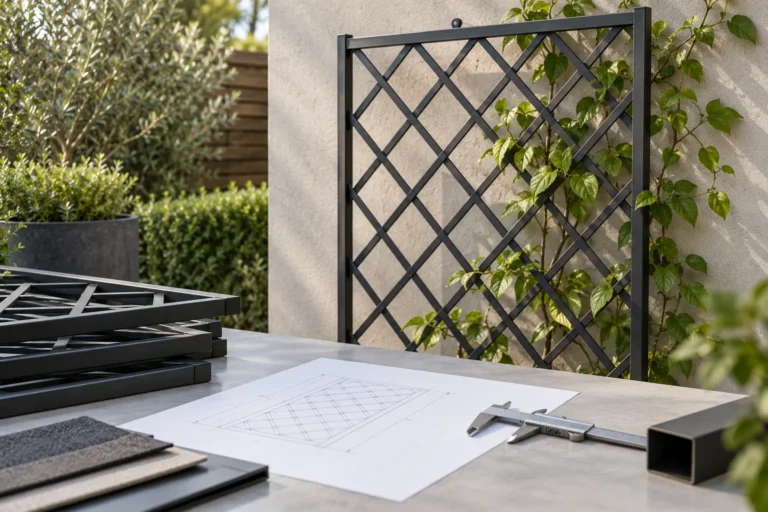 Unbranded metal garden trellis panel reviewed beside a blank drawing and sample dimensions.