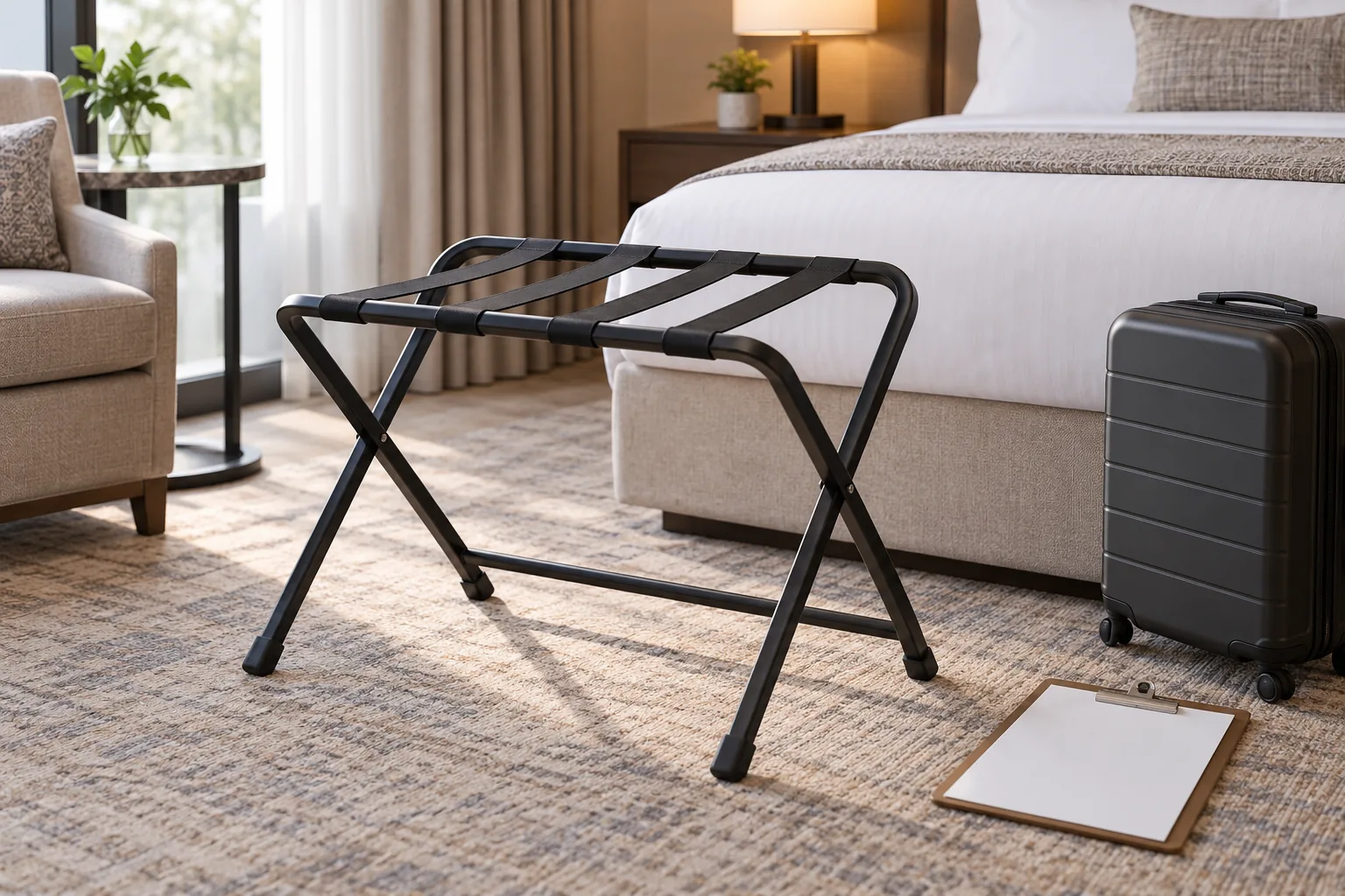 Buyer reviewing an unbranded folding metal hotel luggage rack beside a blank test record.