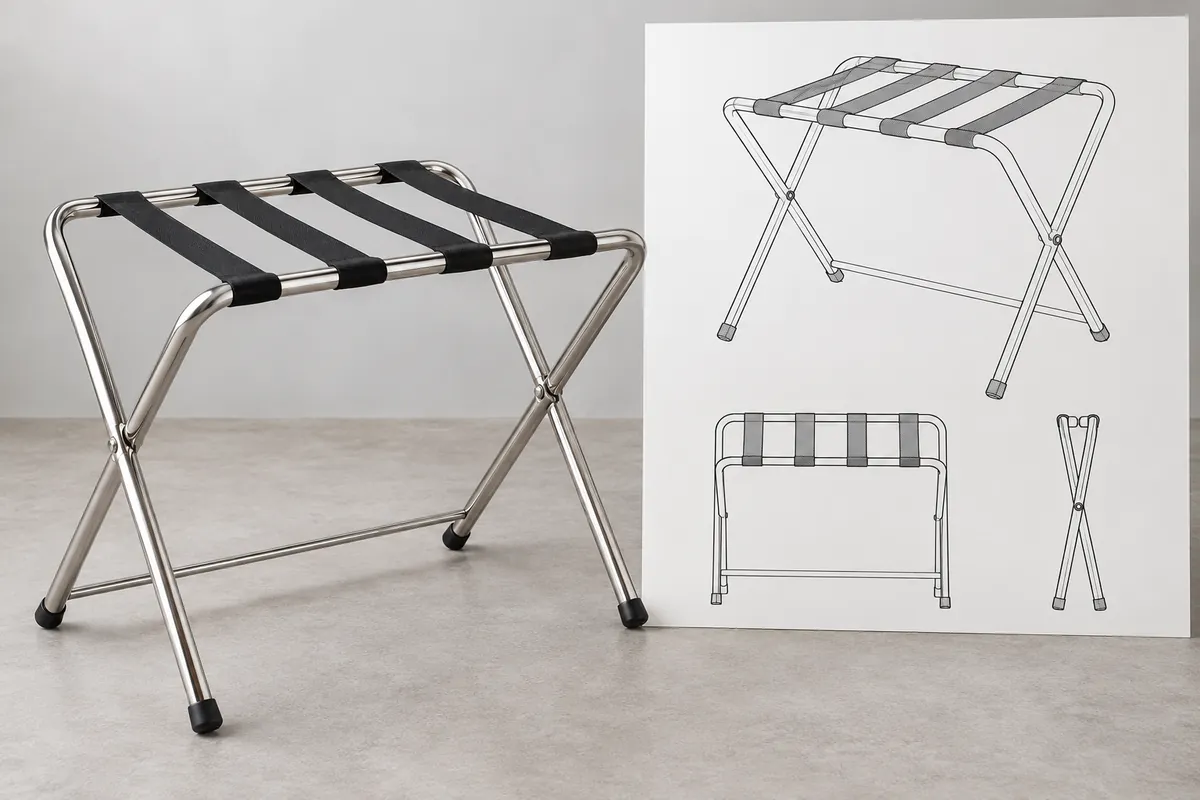 A buyer matches a folding luggage rack sample to its drawing revision and strap details.