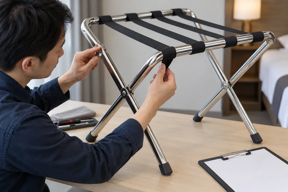 Buyer reviewing an unbranded folding luggage rack and a blank test record.