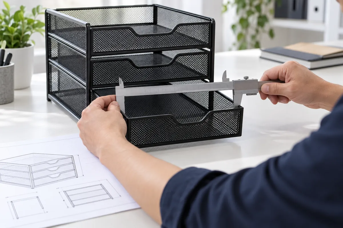Importer reviewing compartment openings and the usable drawer space on a generic mesh organizer.