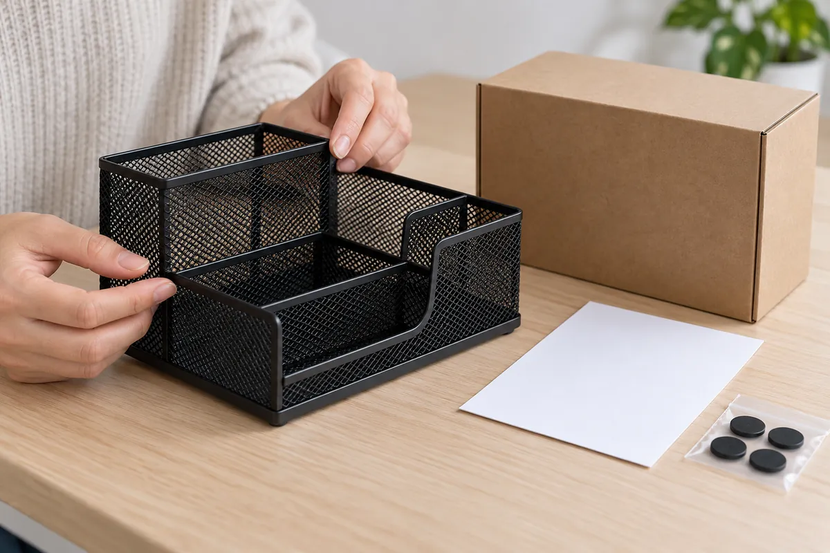 Buyer checks the mesh organizer sample, edge finish and a blank package insert.
