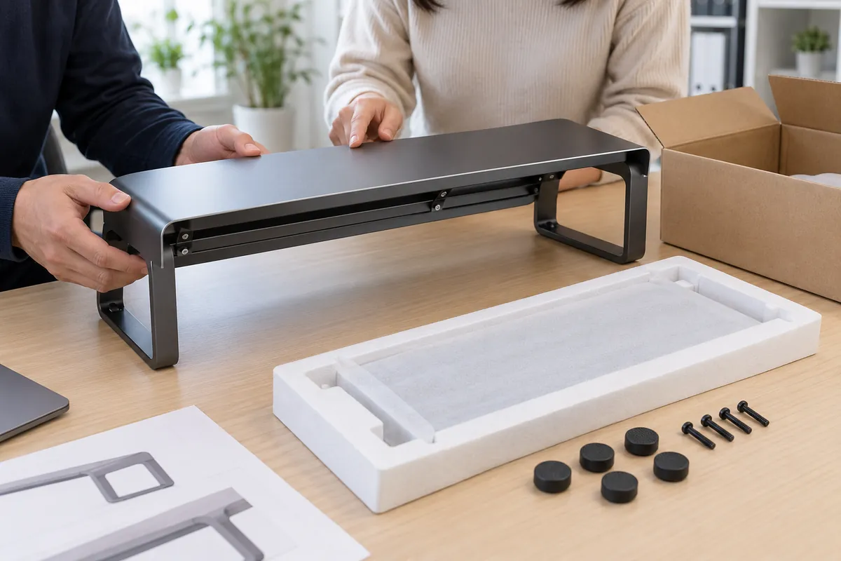 Buyer reviews monitor riser supports, included feet and a blank pack-out insert.