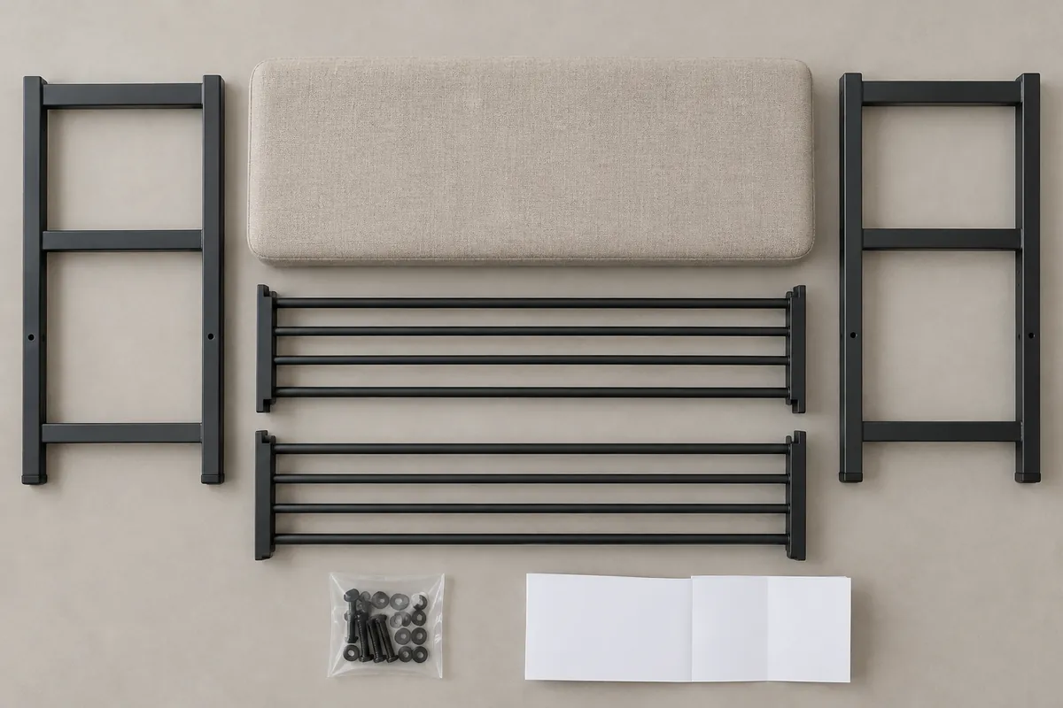 Unbranded flat-pack metal shoe bench parts arranged for an importer component and hardware audit