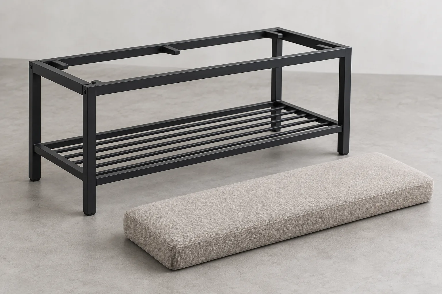 Unbranded metal shoe bench frame and separate seat panel shown as components for importer review.