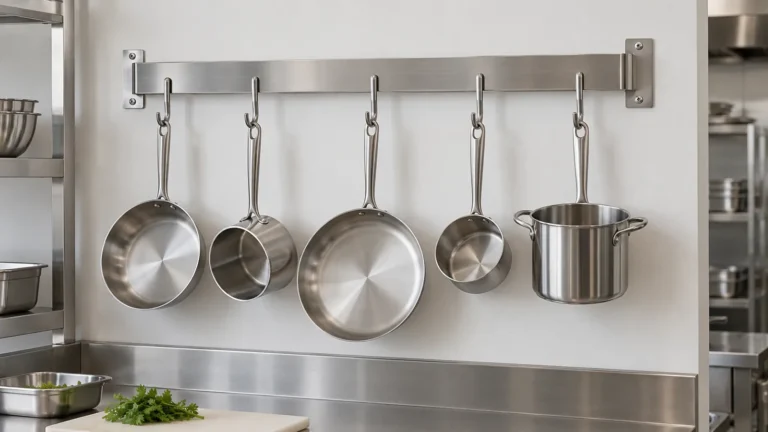 Unbranded commercial pot-rack concept with cookware, illustrating buyer specification decisions.