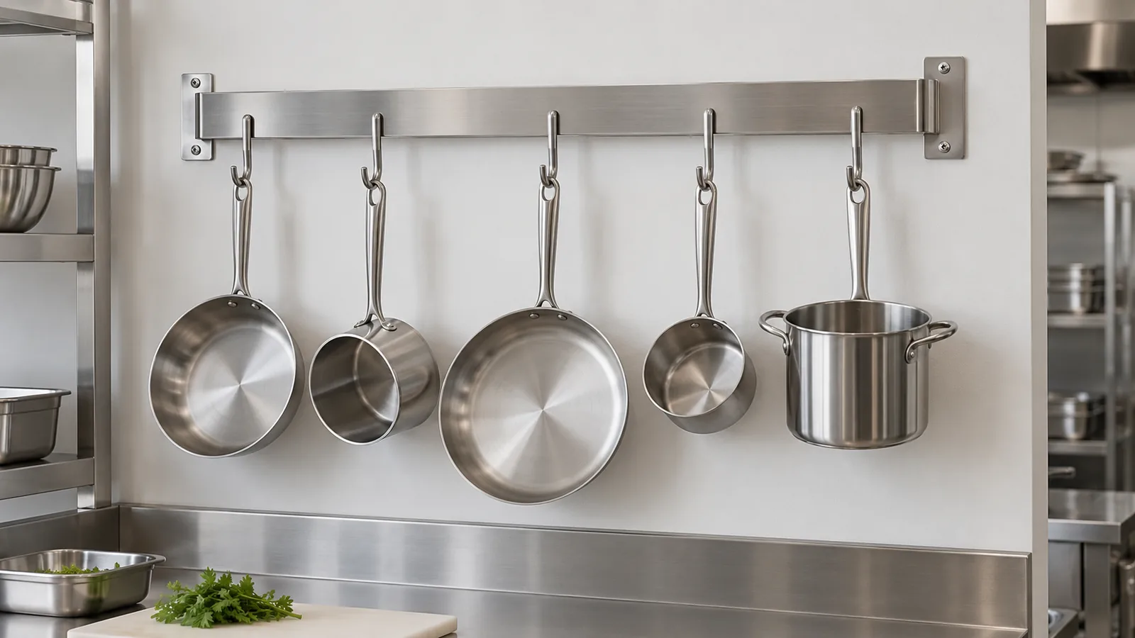 Unbranded commercial pot-rack concept with cookware, illustrating buyer specification decisions.
