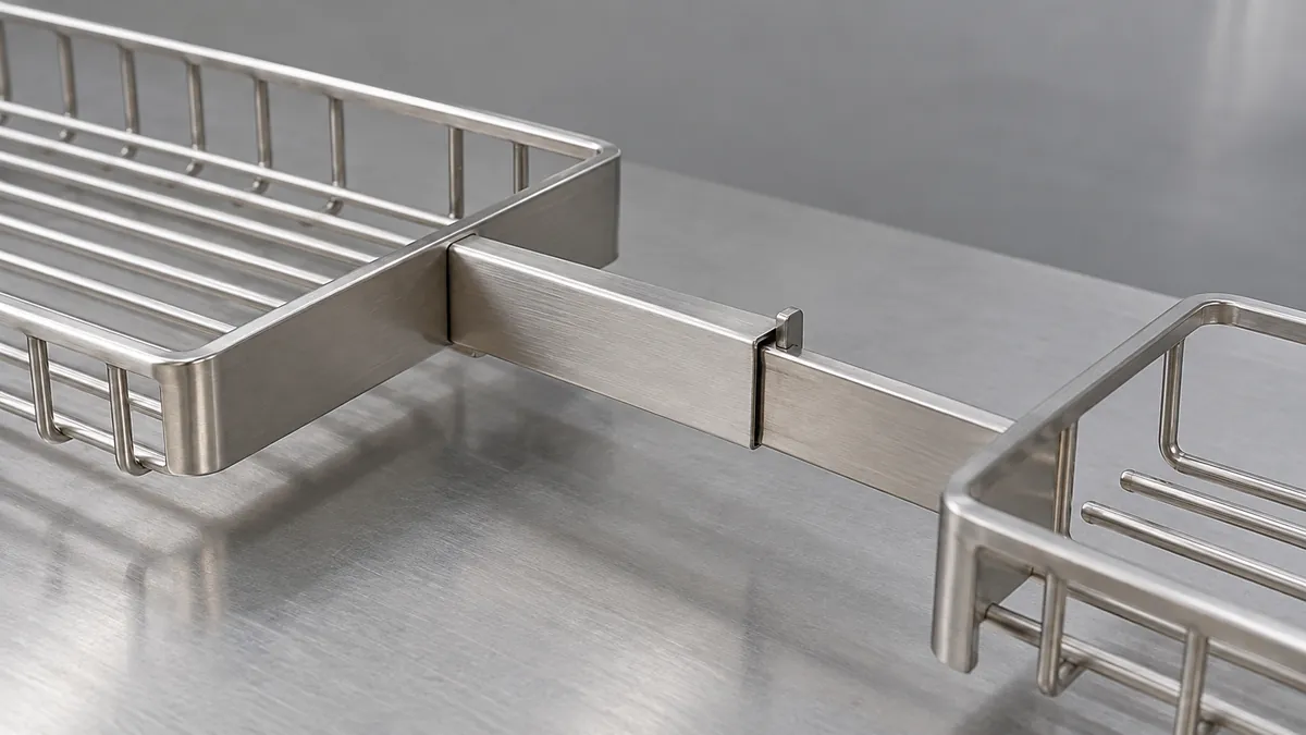 Close view of a conceptual metal bathtub caddy showing its nested adjustment section and support overlap