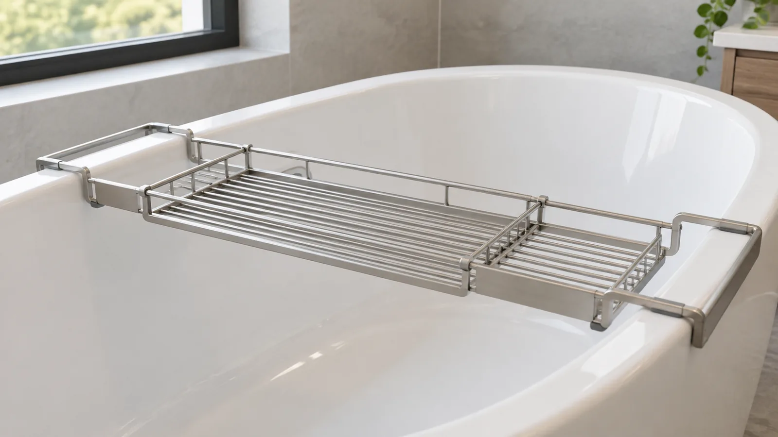 Metal bathtub caddy spanning a bathtub rim with its support ends and adjustable center section visible