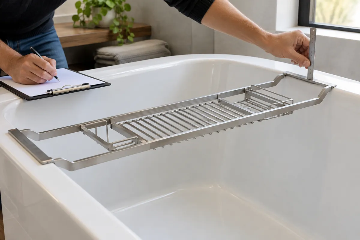 Buyer reviewing a conceptual bathtub caddy on narrow, flat and rounded rim-profile fixtures