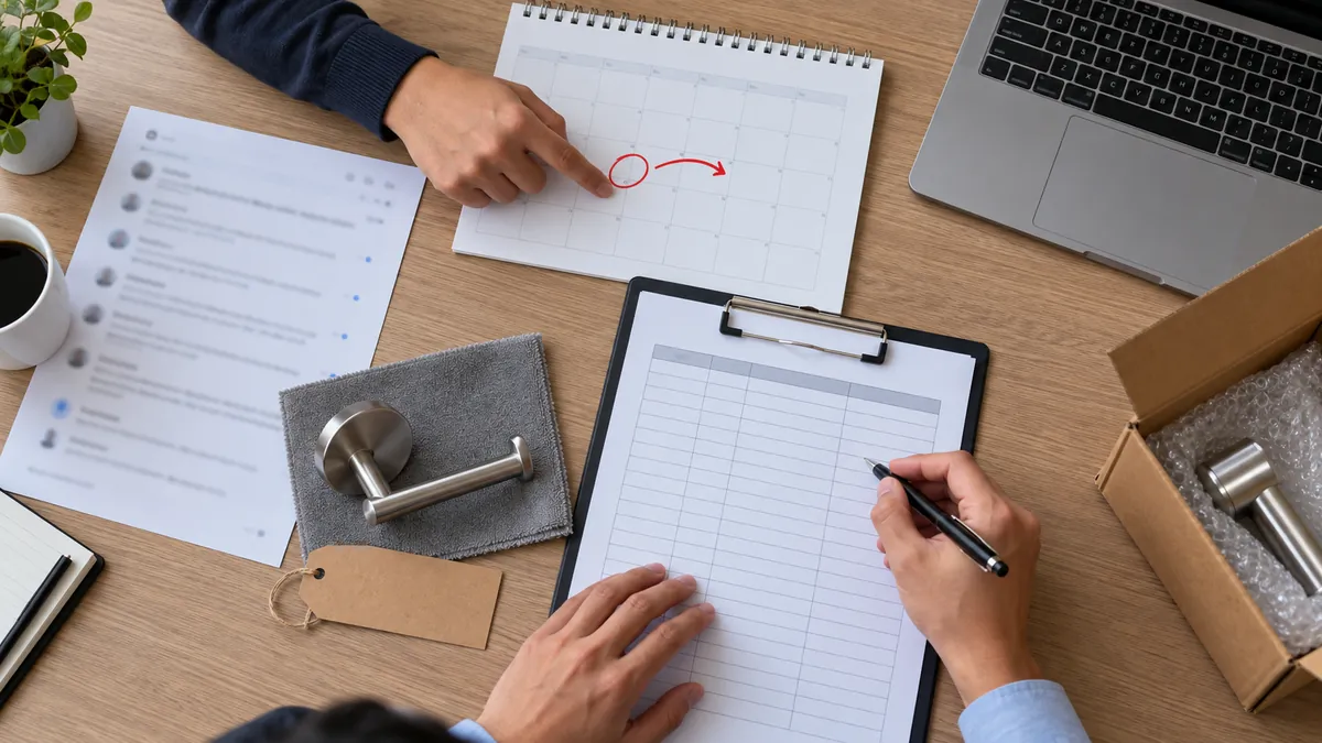 Buyer documenting a third-party inspection date change beside a hardware sample