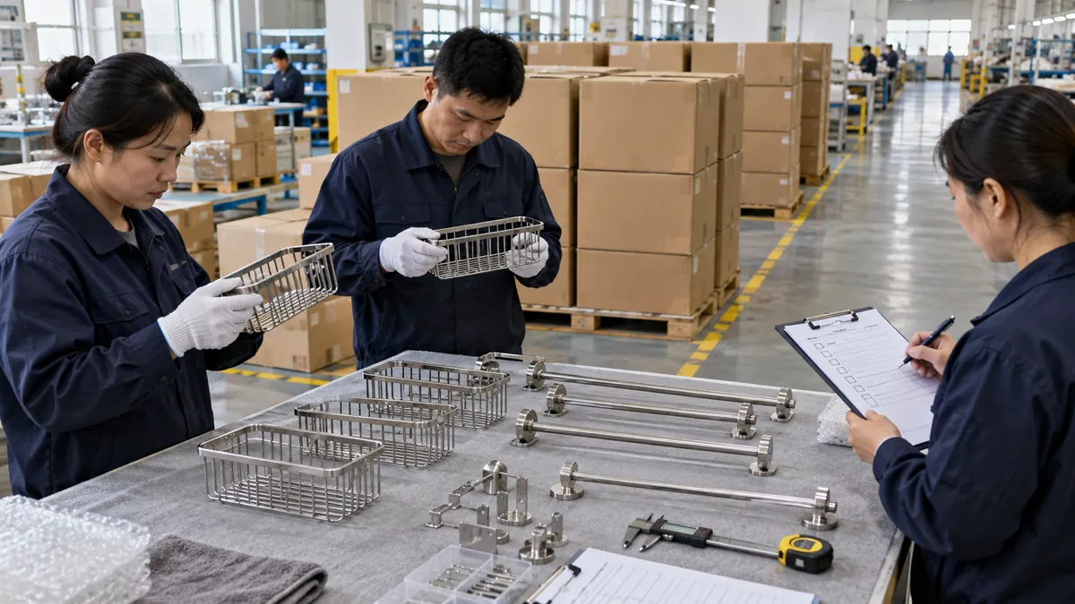 Accessible export cartons and metal hardware prepared for a buyer-booked inspection