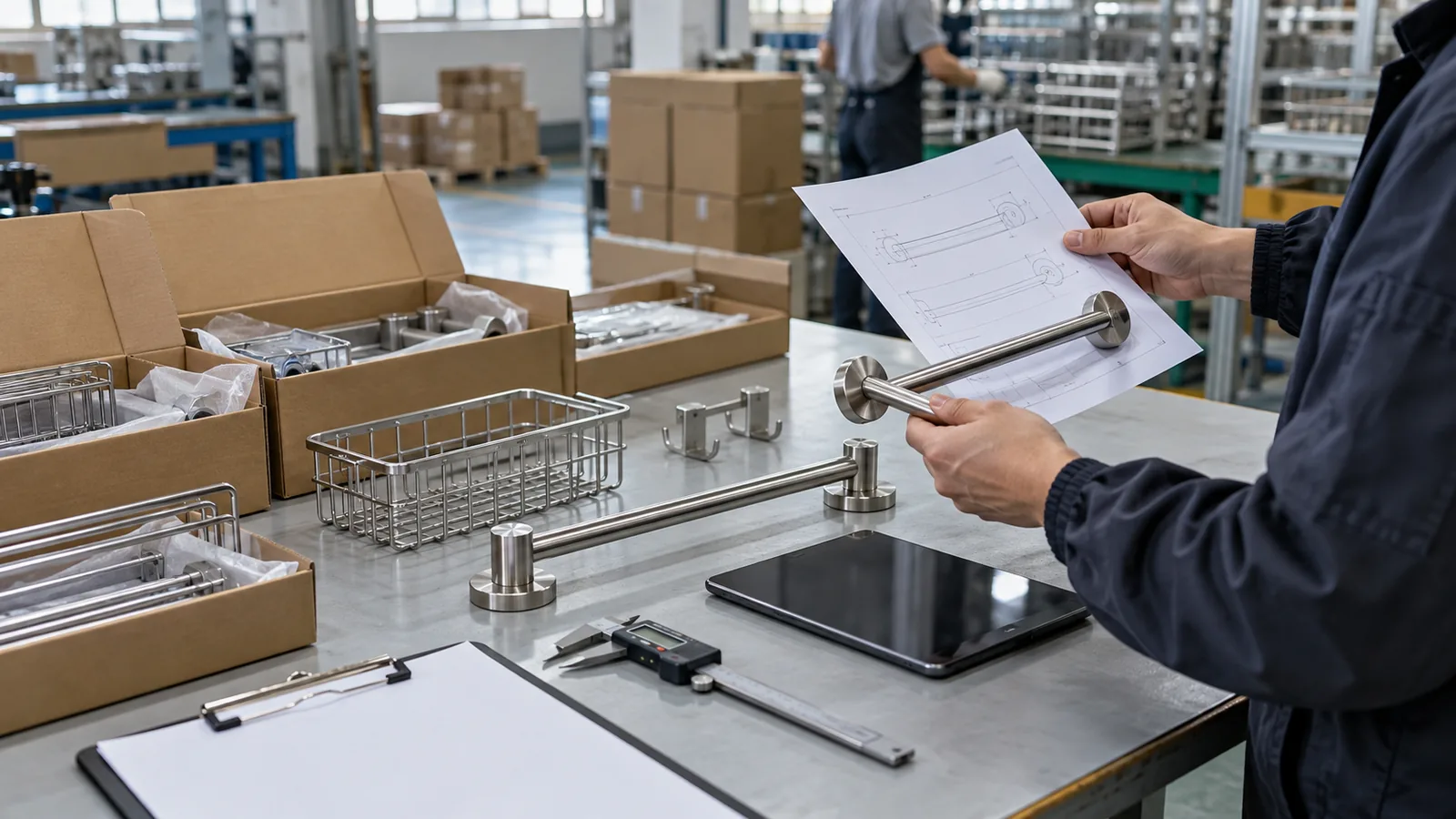 Buyer reviewing generic metal bathroom hardware and accessible cartons before a pre-shipment inspection