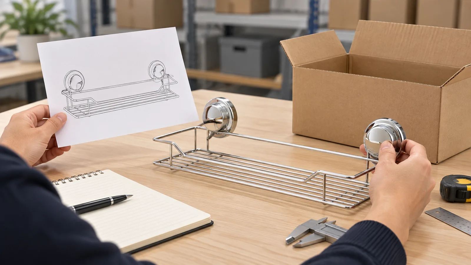 Importer reviewing a chrome suction wire basket, its packaging and product reference before a reorder