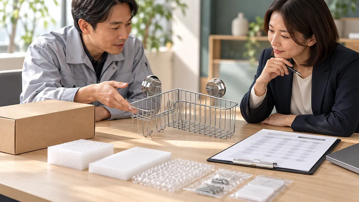 Hardware supplier and Japan importer reviewing a packaging component and weight data handoff